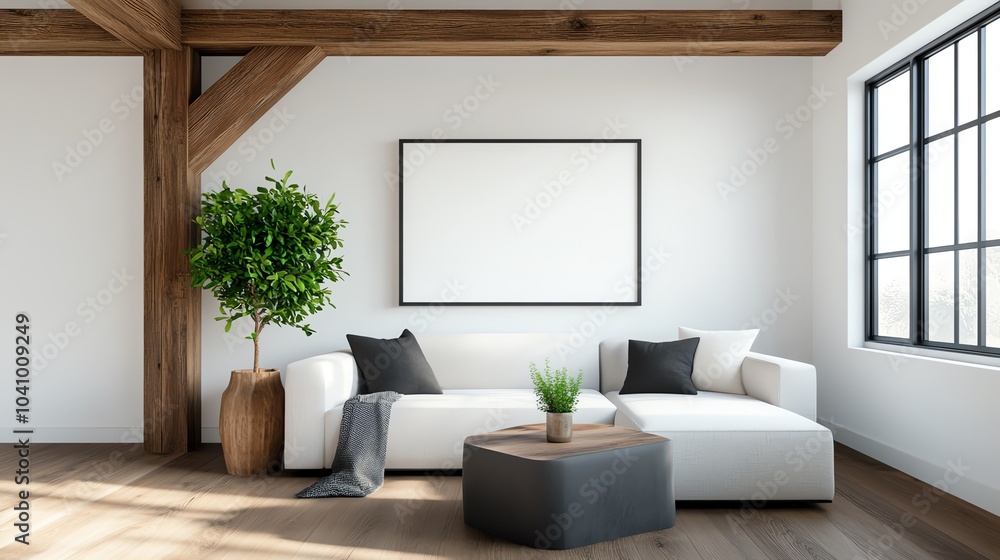 Contemporary rustic living room with a fabric sofa, large wooden beams, and metal accents, contemporary rustic living room, modern and natural Contemporary rustic living room with a fabric sofa, large wooden beams, and metal accents, contemporary rustic living room, modern and natural