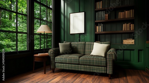 Cabininspired living room with a plaid sofa, vintage armchair, and wooden floors, rustic cabin living room, cozy forest retreat photo