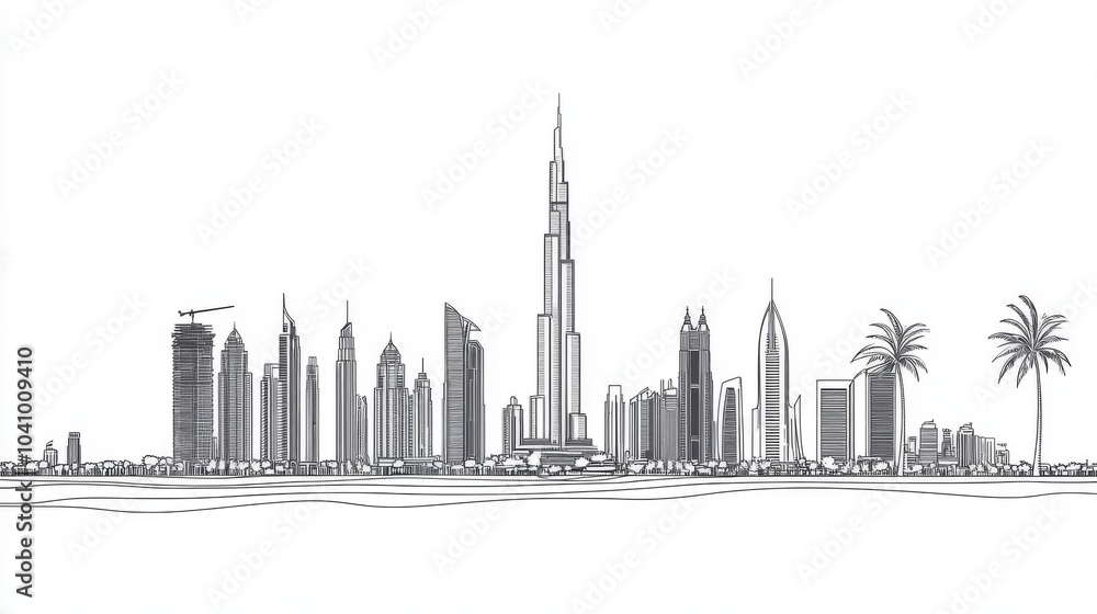 Elegant single line design captures the essence of UAE's cityscape. Elegant single line design captures the essence of UAE's cityscape.