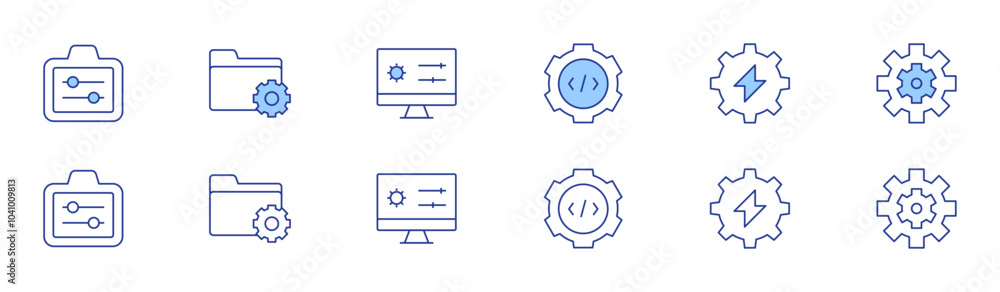 Configuration icon set in two styles, Duotone and Thin Line style. Editable stroke. adjust, data management, settings, configuration, engineering, gears