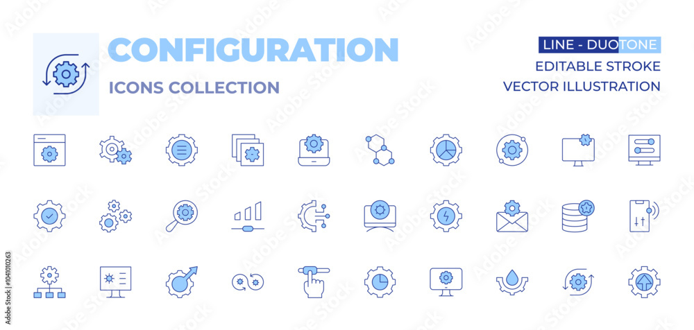 Configuration icons collection. Line Duotone style, editable stroke. configuration, mail, layers, settings, analytics, volume, monitor, search, bond Configuration icons collection. Line Duotone style, editable stroke. configuration, mail, layers, settings, analytics, volume, monitor, search, bond