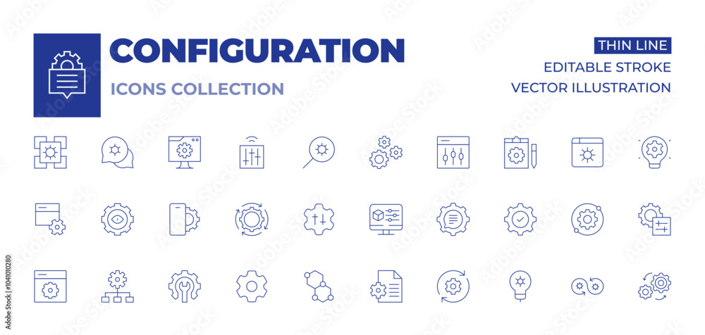 Configuration icons collection. Thin Line icons, editable stroke. bond, configuration, development, device, cube, eye, file, light bulb, process, setting, settings, smartphone, solutions Configuration icons collection. Thin Line icons, editable stroke. bond, configuration, development, device, cube, eye, file, light bulb, process, setting, settings, smartphone, solutions