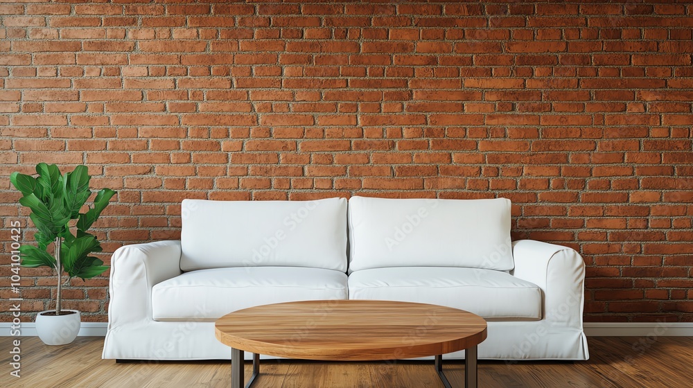Naklejka premium Openplan rustic living room with a linen slipcover sofa, exposed brick wall, and natural wooden furniture, rustic open living room, earthy charm