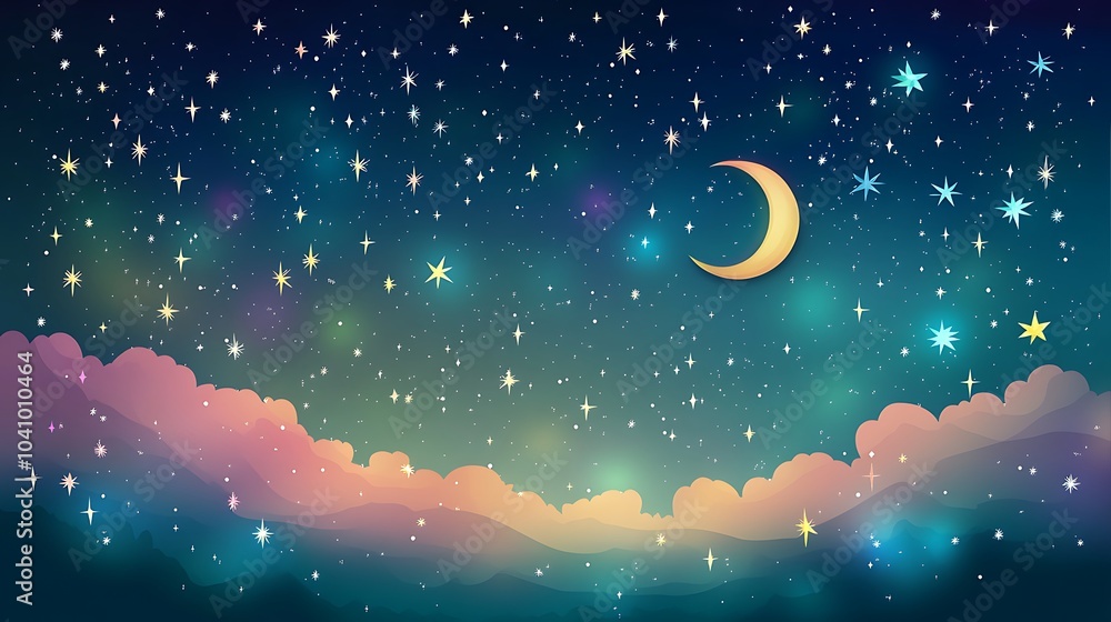 A crescent moon shines brightly in a night sky filled with twinkling stars and clouds. A crescent moon shines brightly in a night sky filled with twinkling stars and clouds.