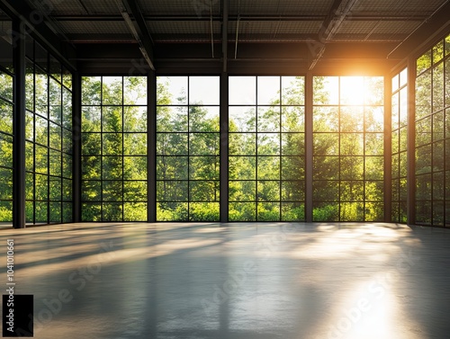 Sunlit modern space with large windows and greenery outside