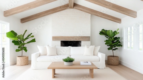 Rustic farmhouse living room with a slipcovered sofa, wooden beams, and a stone hearth, rustic farmhouse living room, quaint and cozy photo