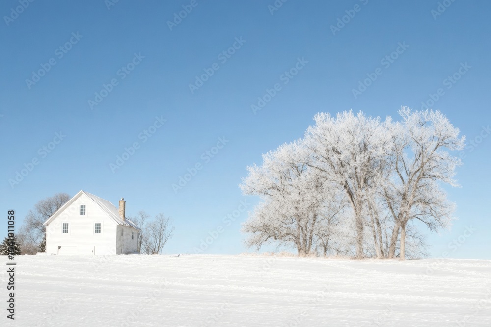 Naklejka premium Winter Home in Frosty Landscape Preparing for Cold Weather with Clear Blue Skies