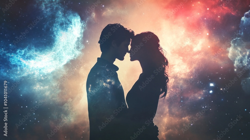 Couple depicted against cosmic backdrop with ethereal space visuals highlighting romance. Couple depicted against cosmic backdrop with ethereal space visuals highlighting romance.
