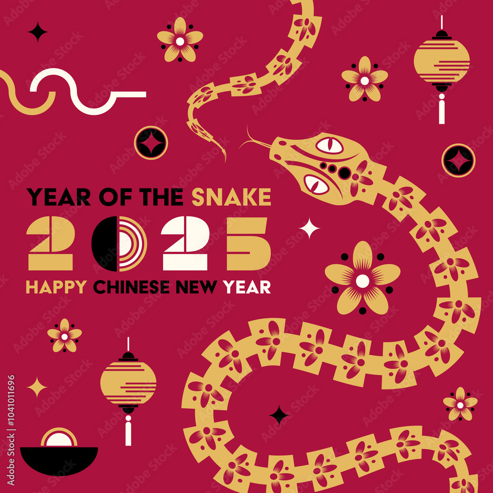 Naklejka premium Happy Chinese new year 2025 Snake Zodiac sign, modern flat art design