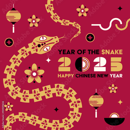 Happy Chinese new year 2025 Snake Zodiac sign, modern flat art design