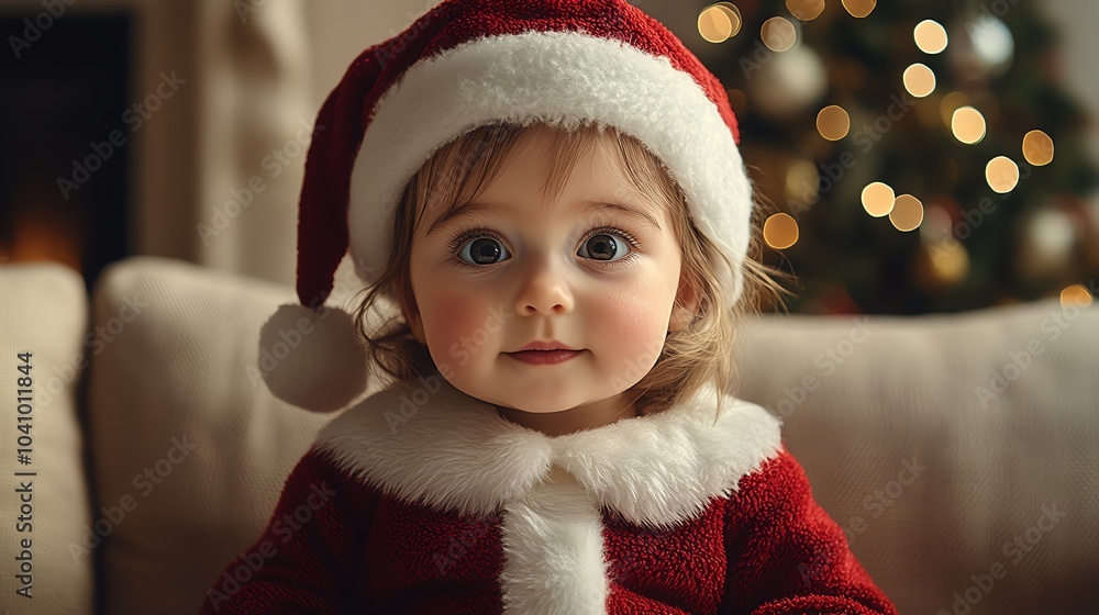 Cute child in Santa hat and red dress, joyful holiday spirit, soft indoor lighting Cute child in Santa hat and red dress, joyful holiday spirit, soft indoor lighting