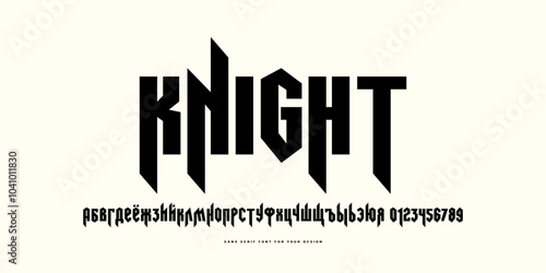 Decorative cyrillic sans serif font in black letter style. Letters and numbers for logo and emblem design. Black print on white background
