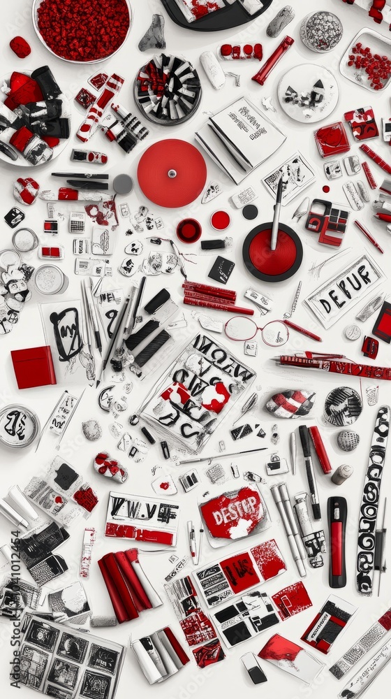 A chaotic flat lay of various red and black objects on a white background, featuring stationery, office supplies, and other everyday items. A chaotic flat lay of various red and black objects on a white background, featuring stationery, office supplies, and other everyday items.
