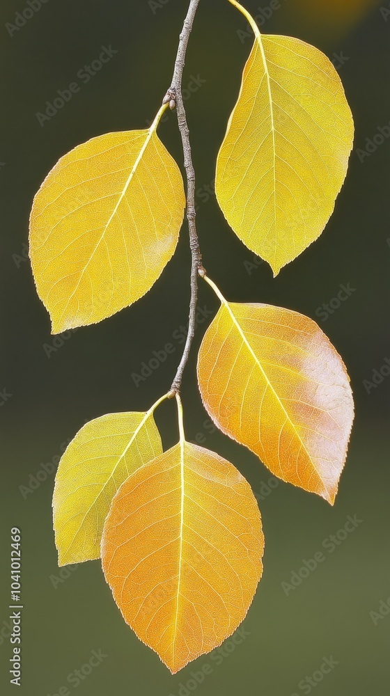 A close-up of a branch with yellow leaves. A close-up of a branch with yellow leaves.