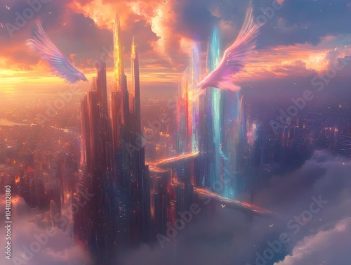 Utopian Prismatic City of Solidified Light with Chromatic Winged Humanoid Inhabitants photo