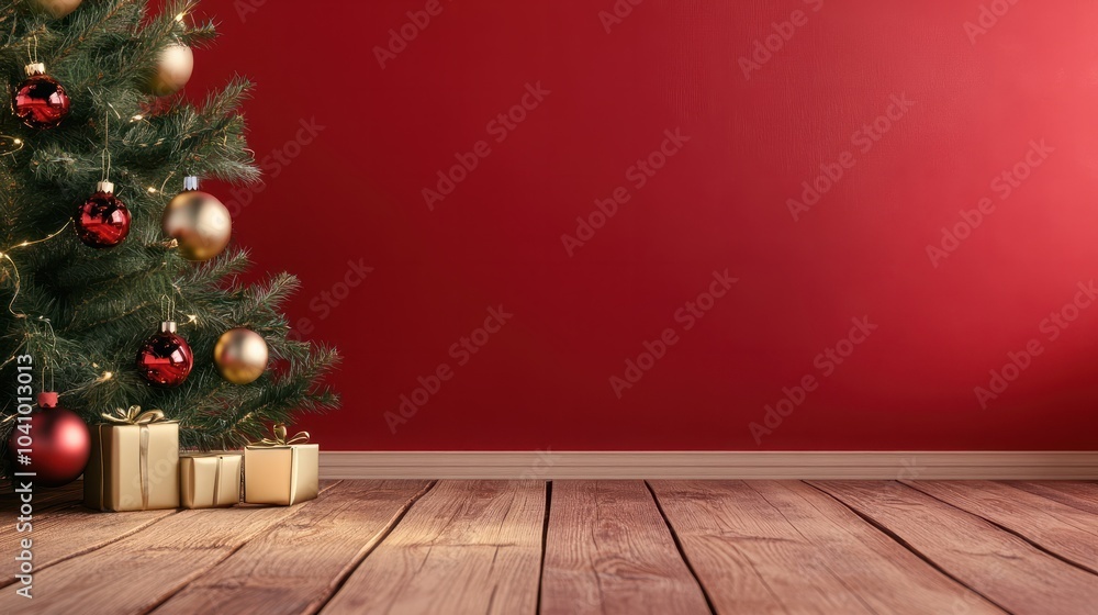 Holiday theme with wooden surface red backdrop and decorated tree Holiday theme with wooden surface red backdrop and decorated tree