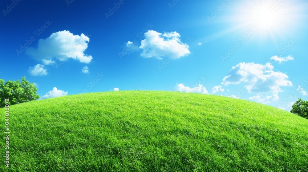 A lush green hill with a bright blue sky and fluffy white clouds, bathed in warm sunlight. A lush green hill with a bright blue sky and fluffy white clouds, bathed in warm sunlight.
