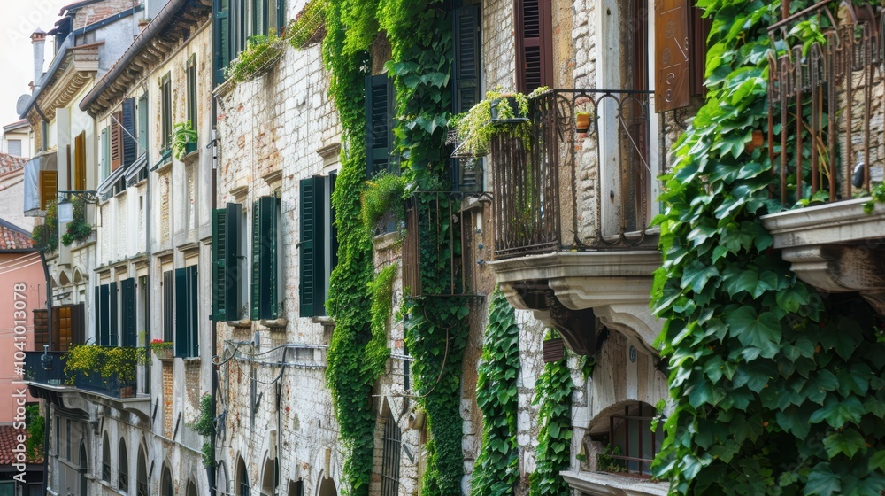 Fototapeta premium Ivy-Covered Balconies in Old European Architecture