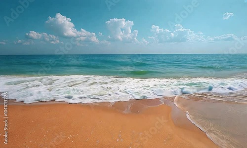 A serene beach scene with gentle waves and a clear blue sky.