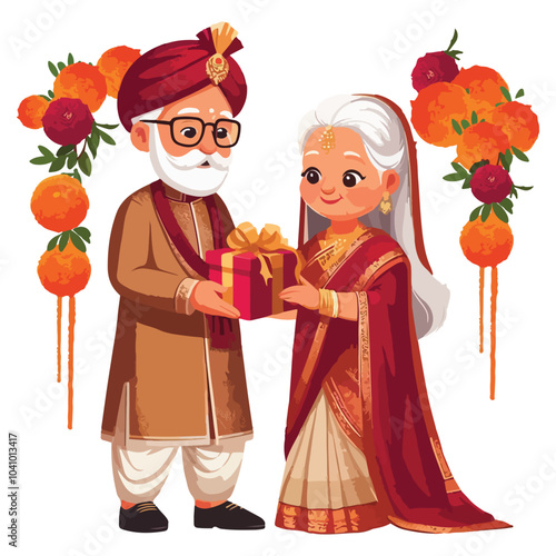 An elderly Indian couple in a festive sherwani and a gharara. Exchanging gifts cartoon. Celebration festival Diwali Deepavali