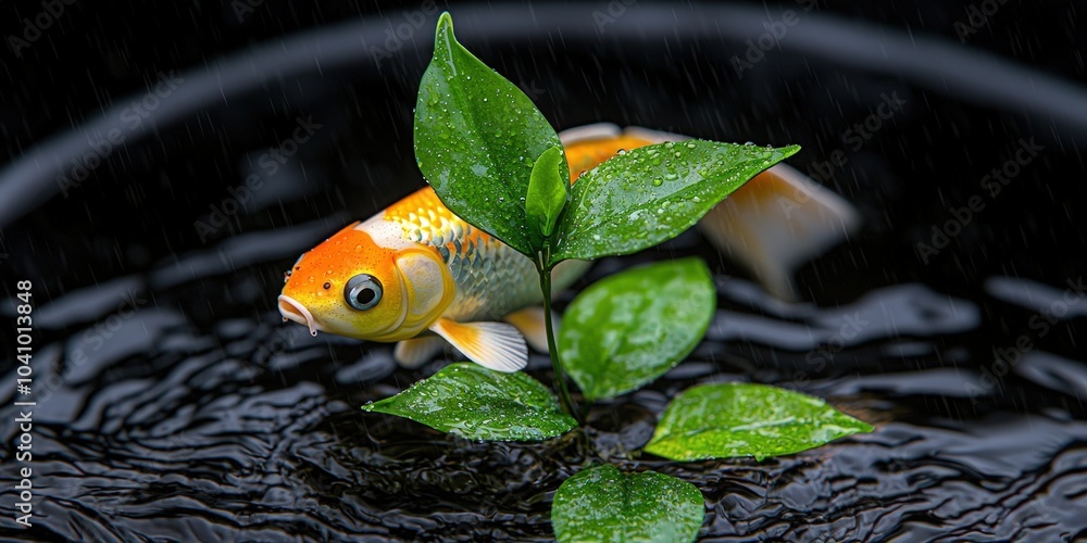 Colorful Koi Fish Swimming Through Green Leaves in Rainwater Pond Colorful Koi Fish Swimming Through Green Leaves in Rainwater Pond