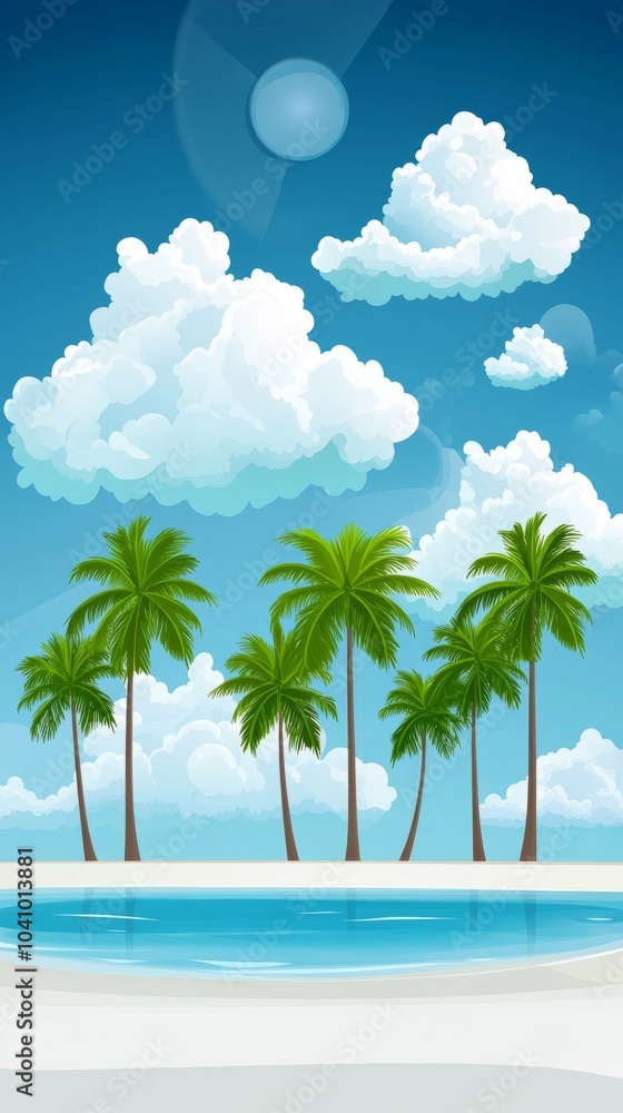 Fototapeta premium A tropical beach scene with palm trees, white sand, and blue water.