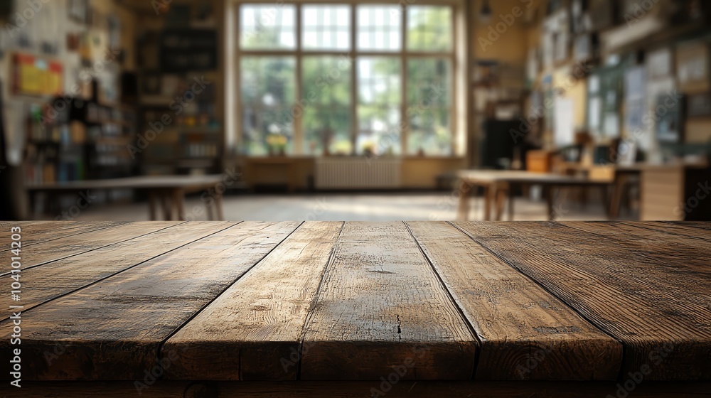 Wooden table surface with a bright window view in a cozy room setting. Wooden table surface with a bright window view in a cozy room setting.