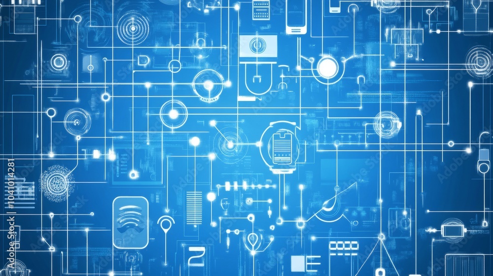 Abstract blue background with white digital icons and lines, representing technology and connectivity. Abstract blue background with white digital icons and lines, representing technology and connectivity.