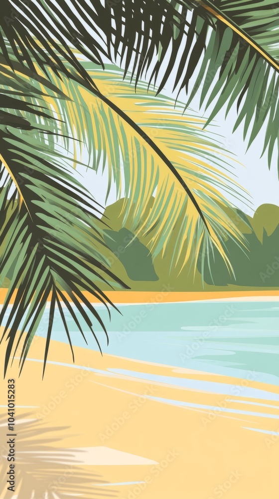Palm leaves frame a view of a sandy beach with turquoise water and lush green trees in the background. Palm leaves frame a view of a sandy beach with turquoise water and lush green trees in the background.