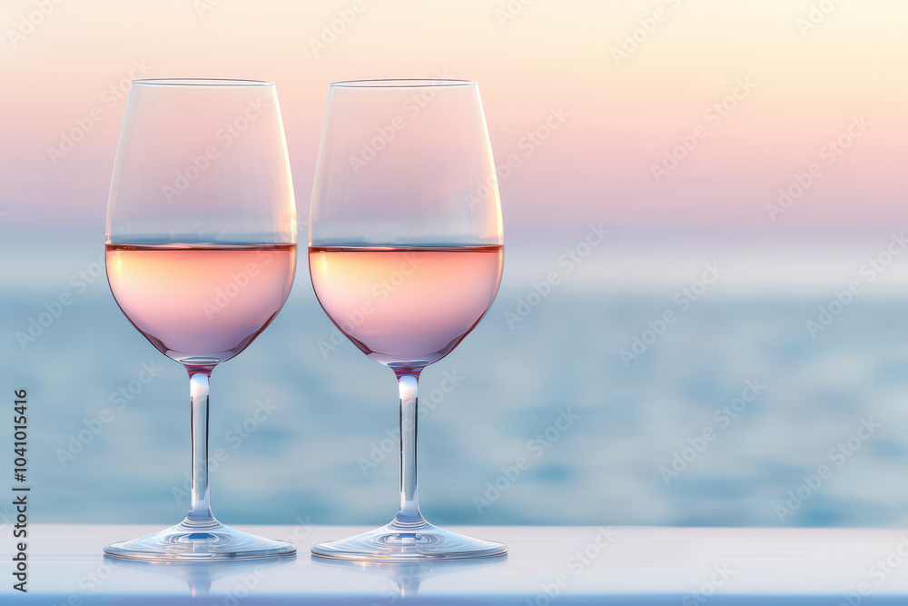 Sunset Romance: Two glasses of chilled rosé wine stand side by side, capturing the golden hues of a breathtaking sunset over the ocean. Sunset Romance: Two glasses of chilled rosé wine stand side by side, capturing the golden hues of a breathtaking sunset over the ocean.