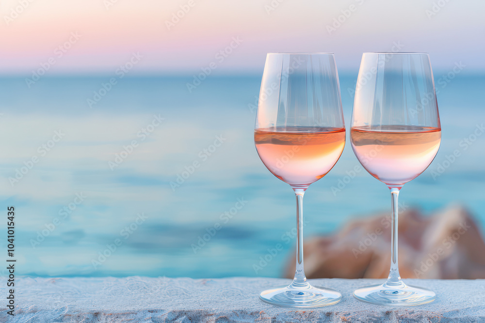 Romantic Rosé Sunset: Two glasses of chilled rosé wine stand poised on a stone wall, overlooking a breathtaking ocean sunset. The scene is idyllic, perfect for relaxation and romance. Romantic Rosé Sunset: Two glasses of chilled rosé wine stand poised on a stone wall, overlooking a breathtaking ocean sunset. The scene is idyllic, perfect for relaxation and romance.