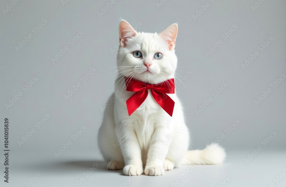 White kitten wearing a red bow sits against a plain background, looking forward with a calm and elegant expression White kitten wearing a red bow sits against a plain background, looking forward with a calm and elegant expression
