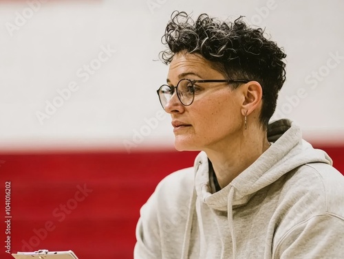 Focused Coach in Modern Gymnasium Setting Strategic Insights into Team Sports Leadership photo