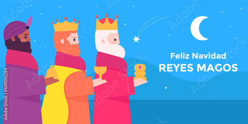 reyes magos horizontal banner illustration in flat style