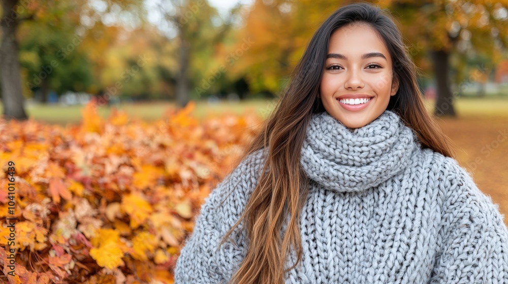 Smiling Woman in Grey Knit Sweater and Autumn Leaves Smiling Woman in Grey Knit Sweater and Autumn Leaves
