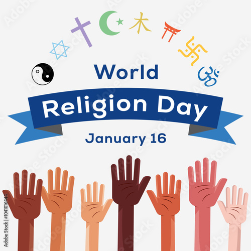 world religion day illustration with hands and religious symbols