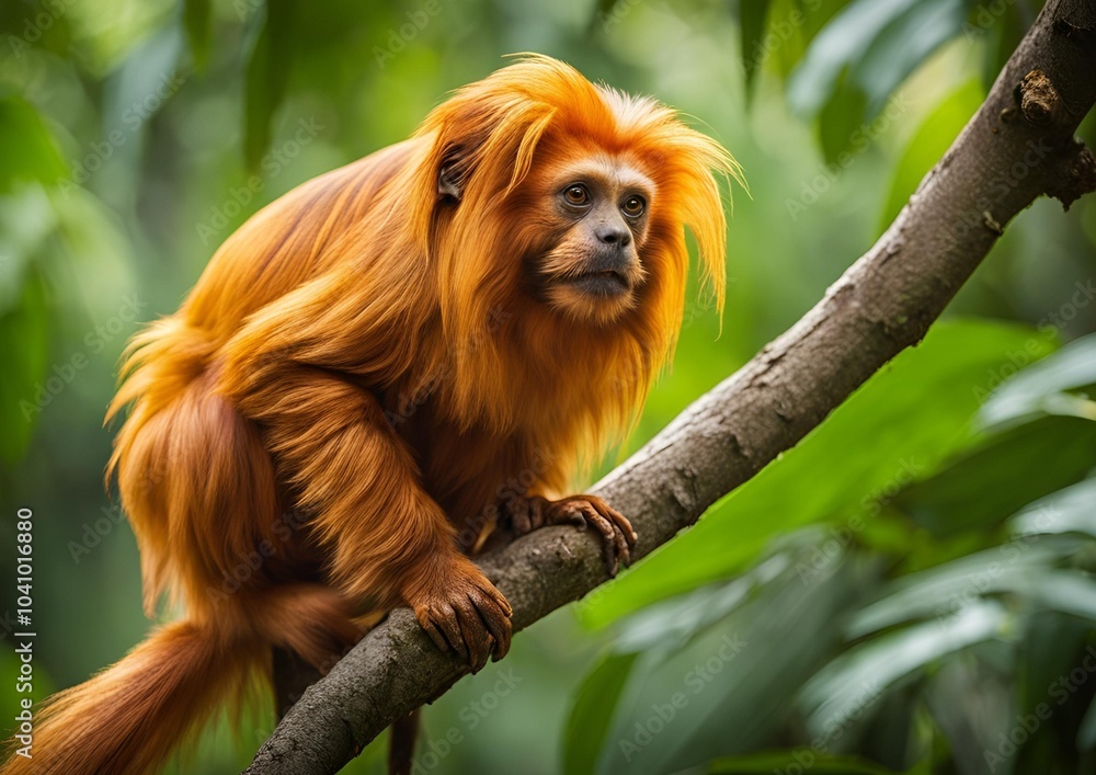 Endangered Golden Lion Tamarin Sitting on a Branch. Endangered Golden Lion Tamarin Sitting on a Branch.
