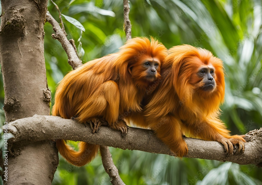 Endangered Golden Lion Tamarin Sitting on a Branch. Endangered Golden Lion Tamarin Sitting on a Branch.