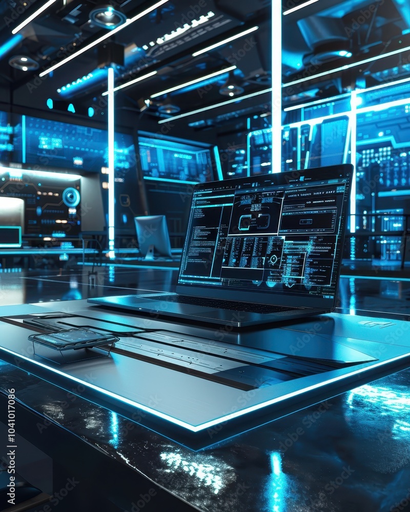 Sleek Laptop in Futuristic Workspace Setting Sleek Laptop in Futuristic Workspace Setting