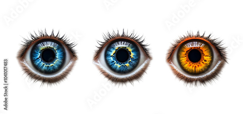 three set of eyes with different colors isolated transparent background photo