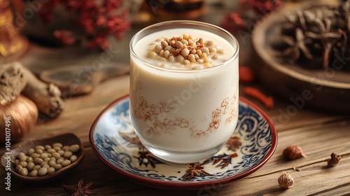 Creamy soy milk dessert topped with crunchy nuts in decorative bowl