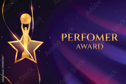 Golden Premium Luxury Award On Purple Abstract Background. Grand Vibe Movie, Television Icon Award Celebration Concept Design Vector Illustration