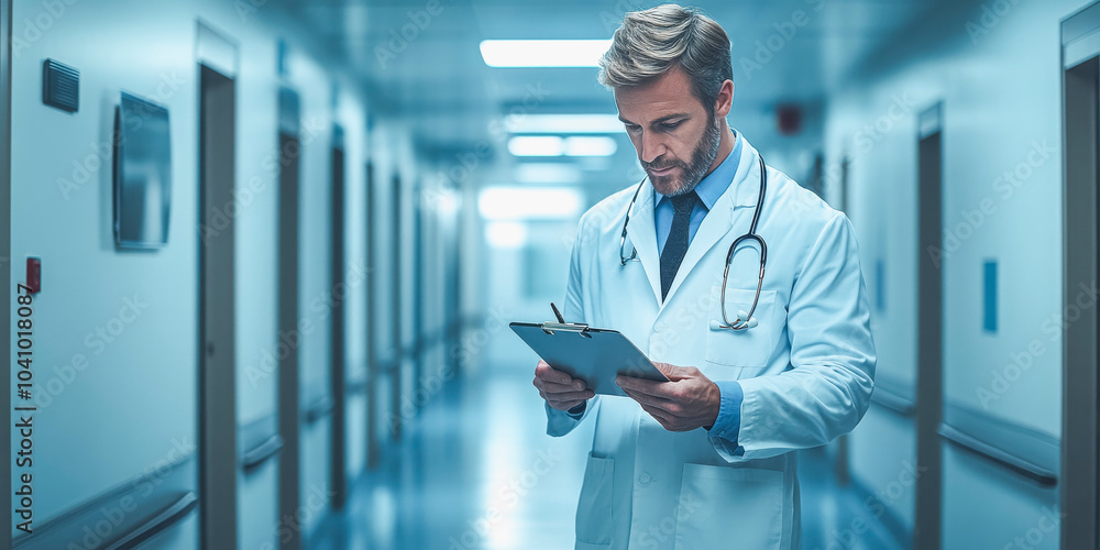 Fototapeta premium Professional doctor in hospital corridor analyzing patient records for medical expertise and care