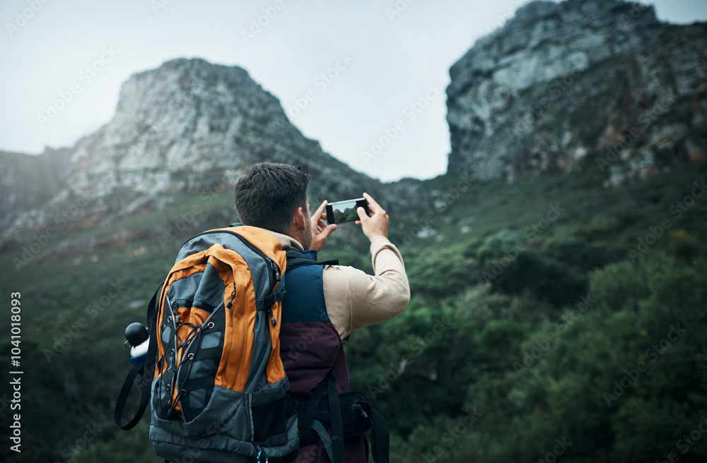 Hiking, phone and travel with man on mountain for explore, photography and adventure. Challenge, wellness and social media with person and mobile in nature for backpacking, mockup and trekking Hiking, phone and travel with man on mountain for explore, photography and adventure. Challenge, wellness and social media with person and mobile in nature for backpacking, mockup and trekking