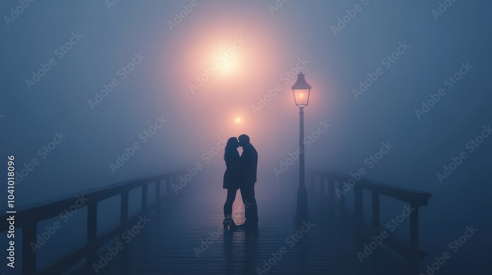 Fototapeta premium Romantic Silhouette of Couple Kissing on a Foggy Pier Under Moonlight with Street Lamp in the Background