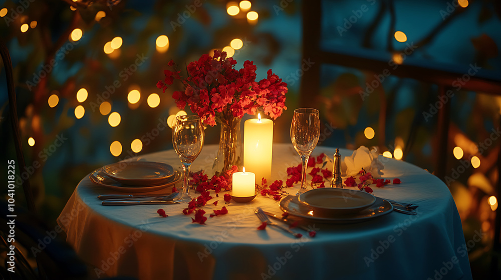 romantic dining table set for two, adorned with flowers and candles, creates warm atmosphere romantic dining table set for two, adorned with flowers and candles, creates warm atmosphere