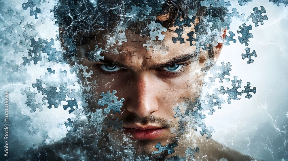 Young man's intense face surrounded by a storm of puzzle pieces and synapses, embodying the complexity of human thought and challenges of self-awareness Young man's intense face surrounded by a storm of puzzle pieces and synapses, embodying the complexity of human thought and challenges of self-awareness