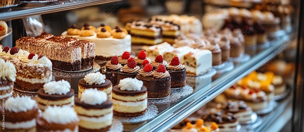 Assortment of Delicious Cakes and Pastries in a Glass Display Case Assortment of Delicious Cakes and Pastries in a Glass Display Case