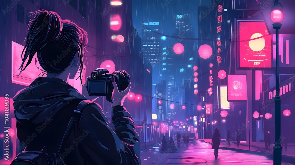 painting of woman with camera on night city background,illustration. painting of woman with camera on night city background,illustration.