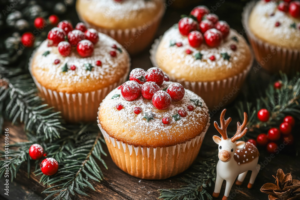Minimalistic christmas muffins with festive red berries and frosting decorations Minimalistic christmas muffins with festive red berries and frosting decorations